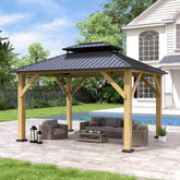 COVERONICS 10FT x 12FT Outdoor Cedar Wooden Gazebo - Patio Wood Frame Gazebo with Galvanized Steel Hardtop, Heavy-Duty Hardtop Gazebo for Garden, Poolside, Deck, Backyard